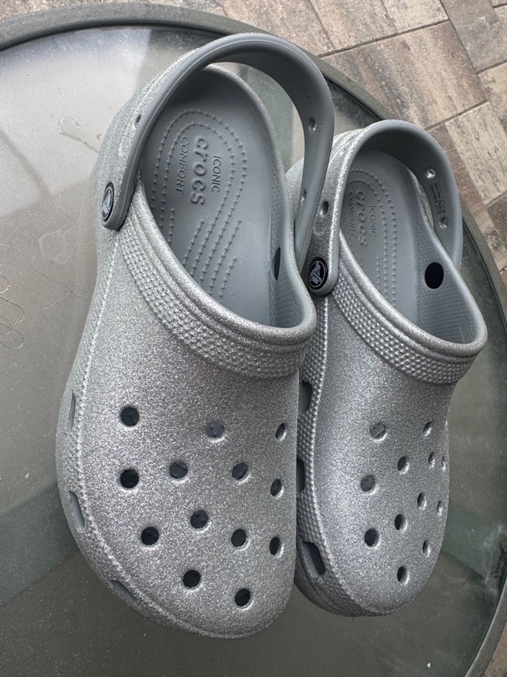 Women’s/Teen CROCS Silver Glitter Classic Clogs with Heel Strap